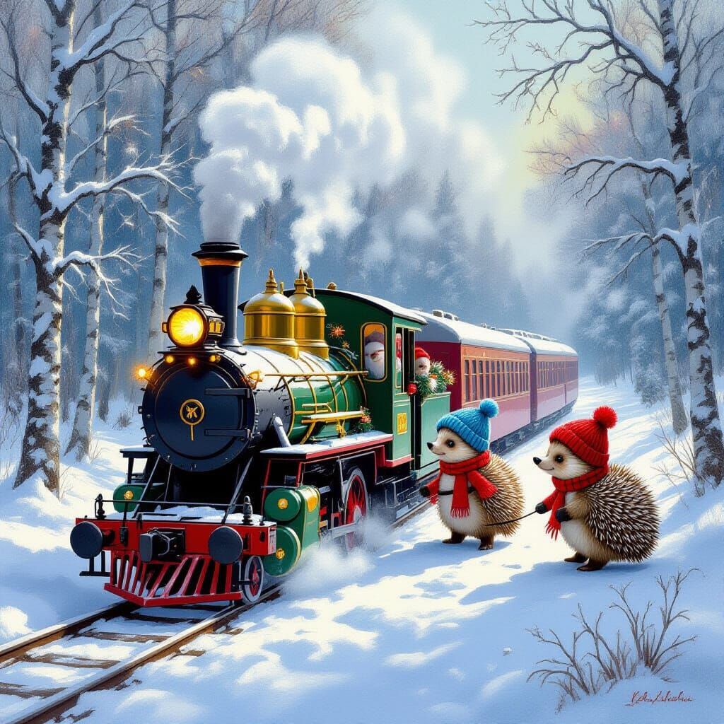 Hedgehogs Push Snow Train in Winter Forest