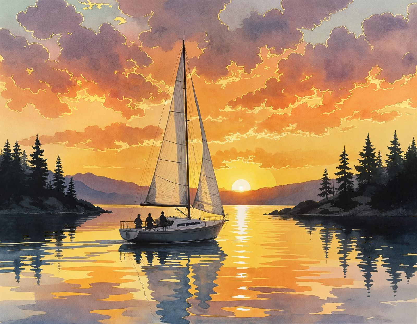 Sailboat on Lake at Sunset: Watercolor Painting