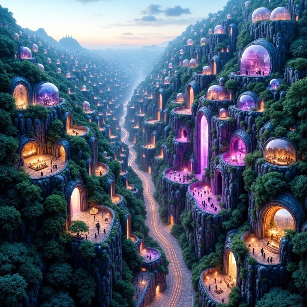 Vibrant Humanoid Cityscape in Amethyst and Emerald Hues