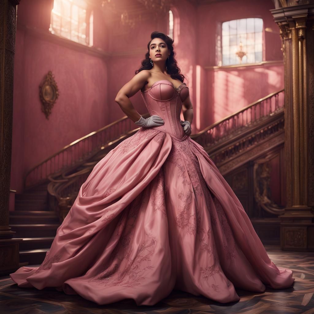 Latina Woman in Pink Rubber Gown, Detailed Matte Painting