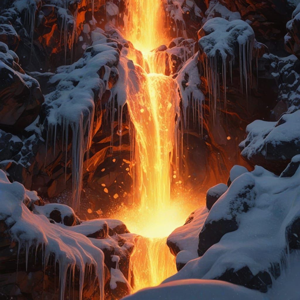 Surreal Waterfall of Fire in Alaska as Oil Painting