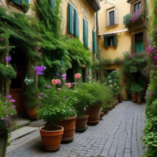 Italian Courtyard Garden in Arthur Rackham Style