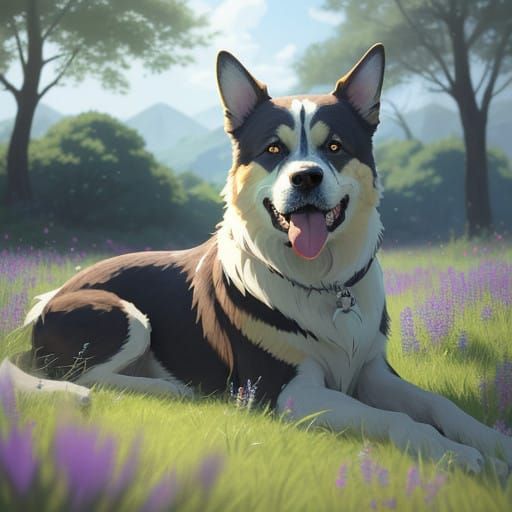 Whimsical Dog in a Lush Wildflower Meadow