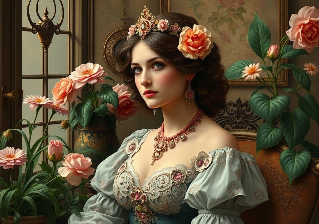 Art Nouveau Portrait of Victorian Lady with Steampunk Engine