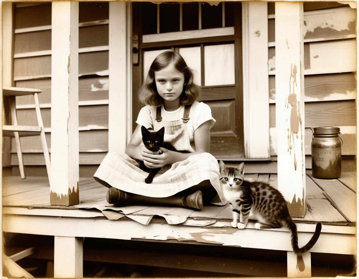 Vintage Sepia Photo of Girl with Kitten