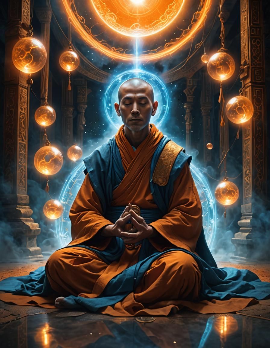 Mystical Monk Meditates with Glowing Orbs in Matte Painting