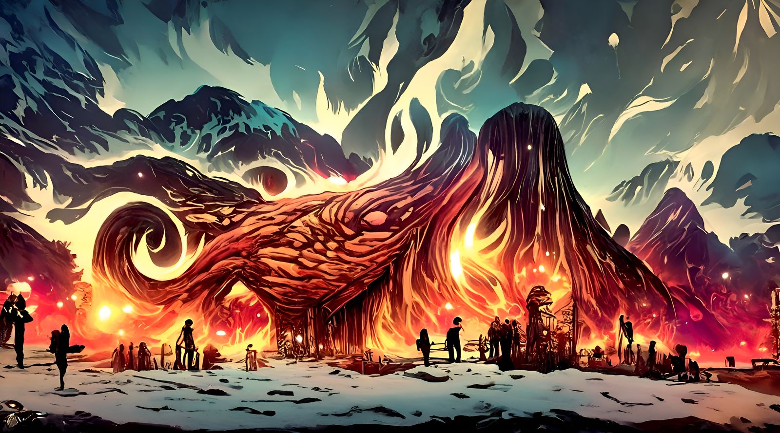 Fiery Night Landscape in Dark Fantasy Style