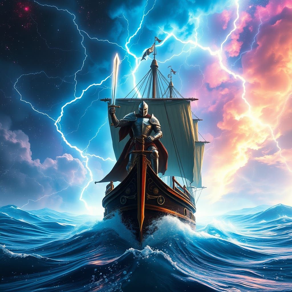 Knight in Shining Armor Sails Cosmic Pirate Ship through Liq...