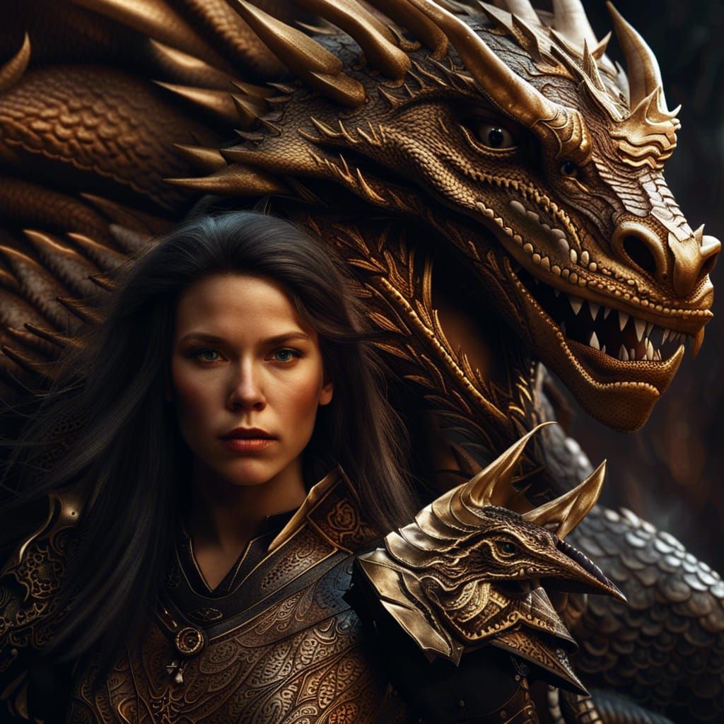 Epic Woman Warrior Protected by Dragons