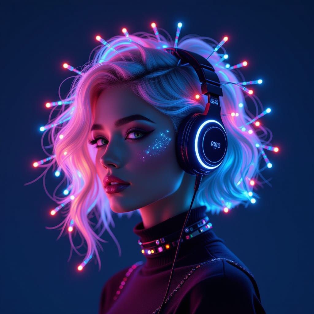 Person with LED Hair in Futuristic Digital Art Style