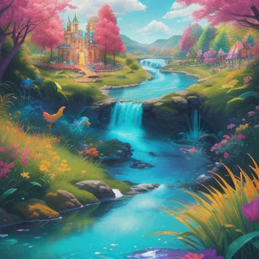 Queen Pouring Water with Phoenix in Candy Art Style