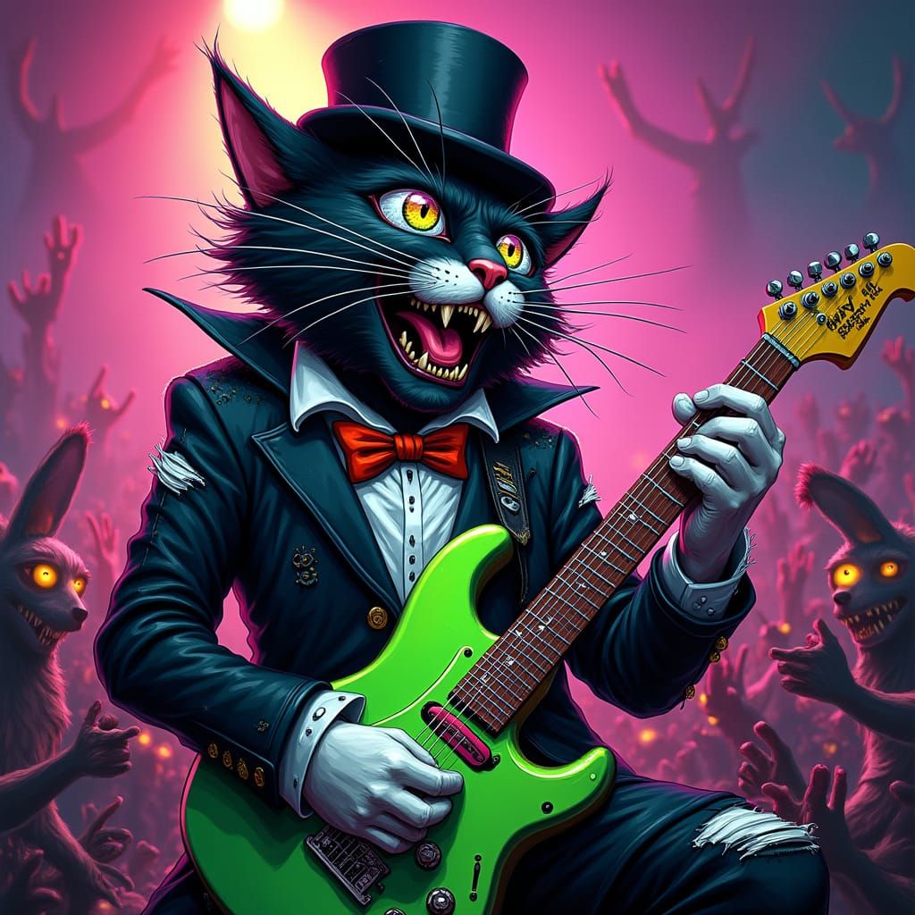 Cyberpunk Vampire Cat Shreds on Neon Stage