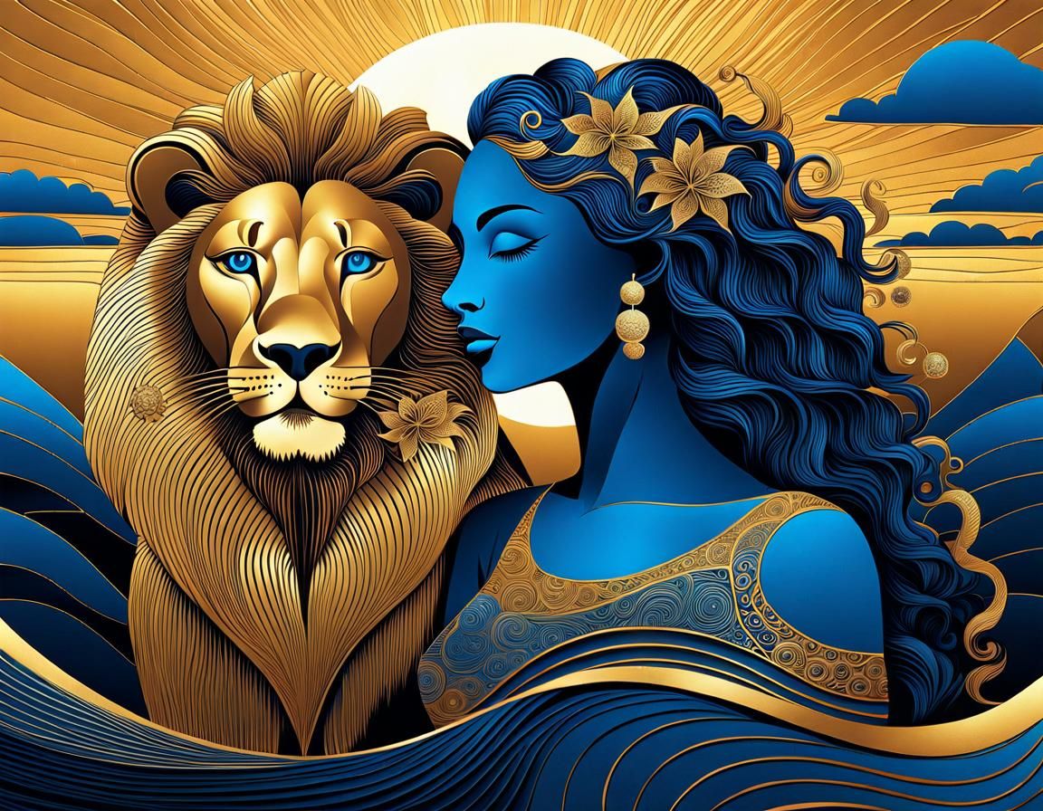 Woman and Lion in Gold and Blue Art Brut Style