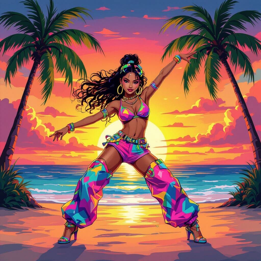 Dancer Twerking on Beach in Pop Art Style