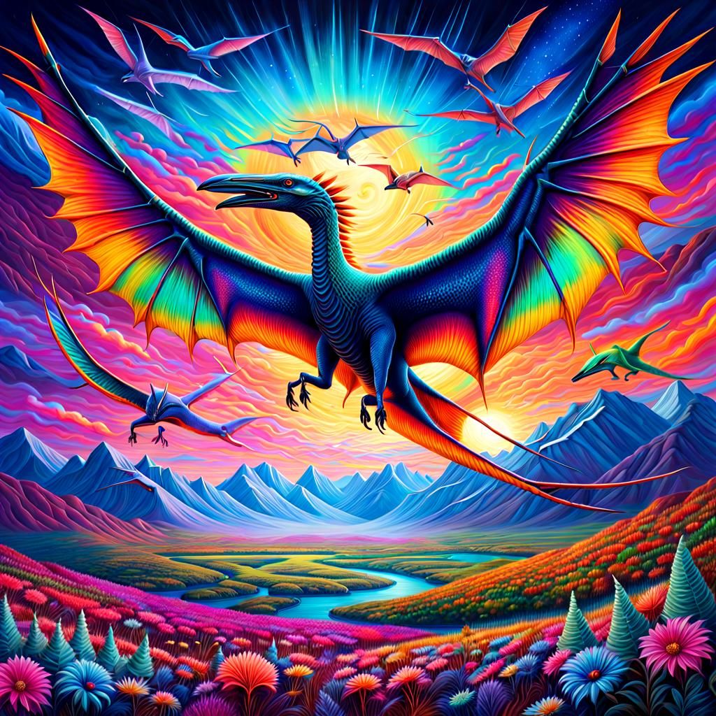 Colorful Pterodactyls Soar Above Tundra, Holographic Illustr...