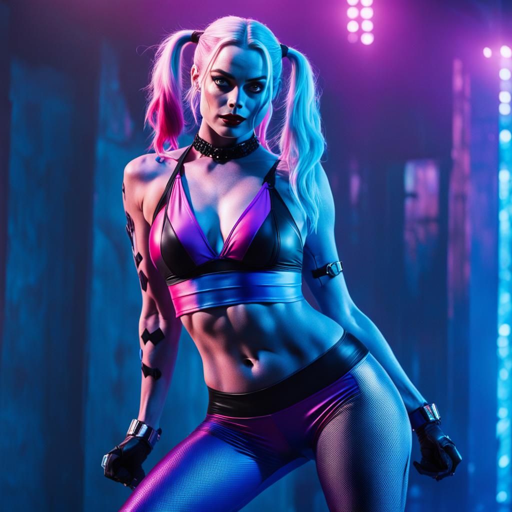 Harley Quinn Inspired Figure in Blue and Pink Lighting