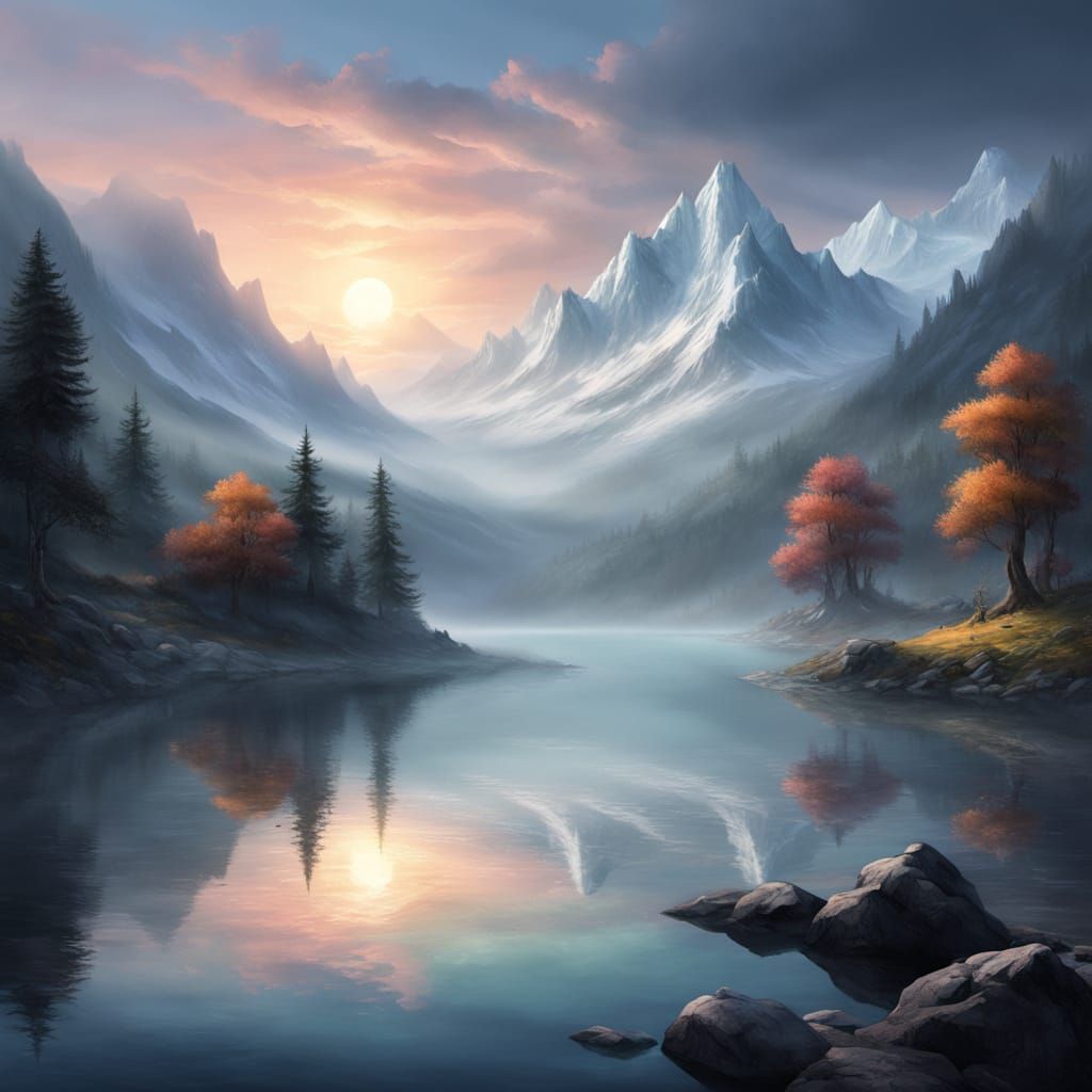 Surreal Fantasy Wolf in Serene Misty Landscape