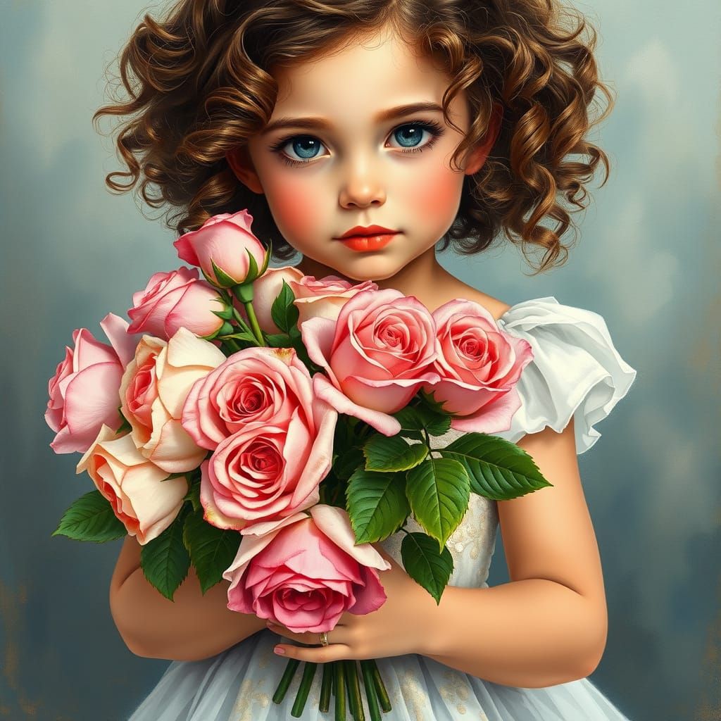 Girl with Roses: Impressionist Gouache and Watercolor