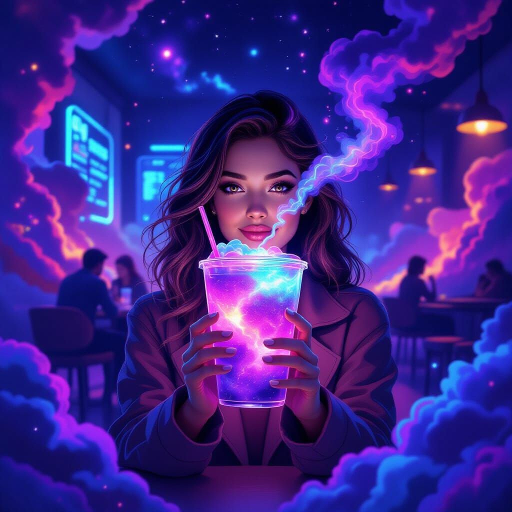 Nebula Drink in Futuristic Cafe, Dreamy Art Style