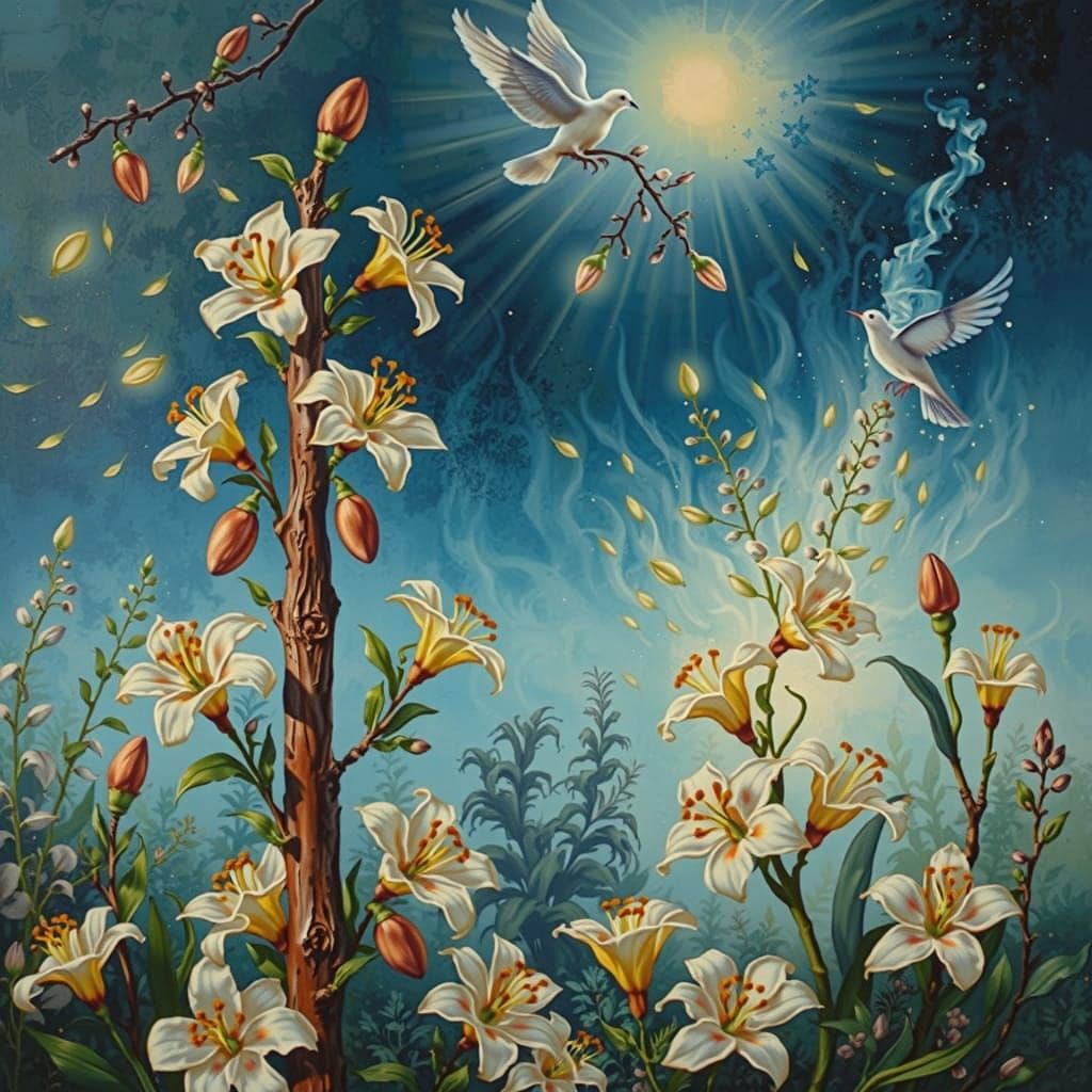 Almond Rod Blossoms in Lush Ethereal Garden