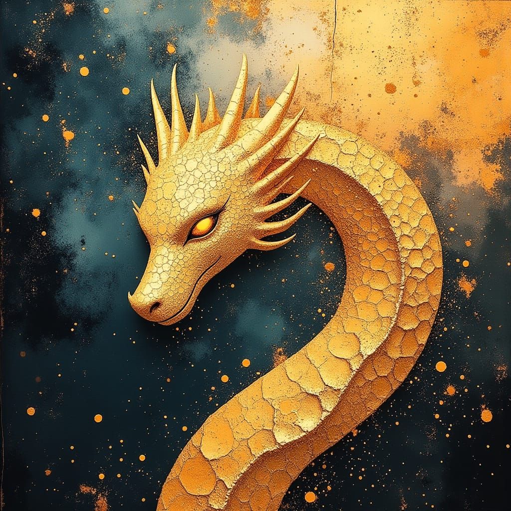 Majestic Molten Gold Dragon Soars Through Cosmic Sky