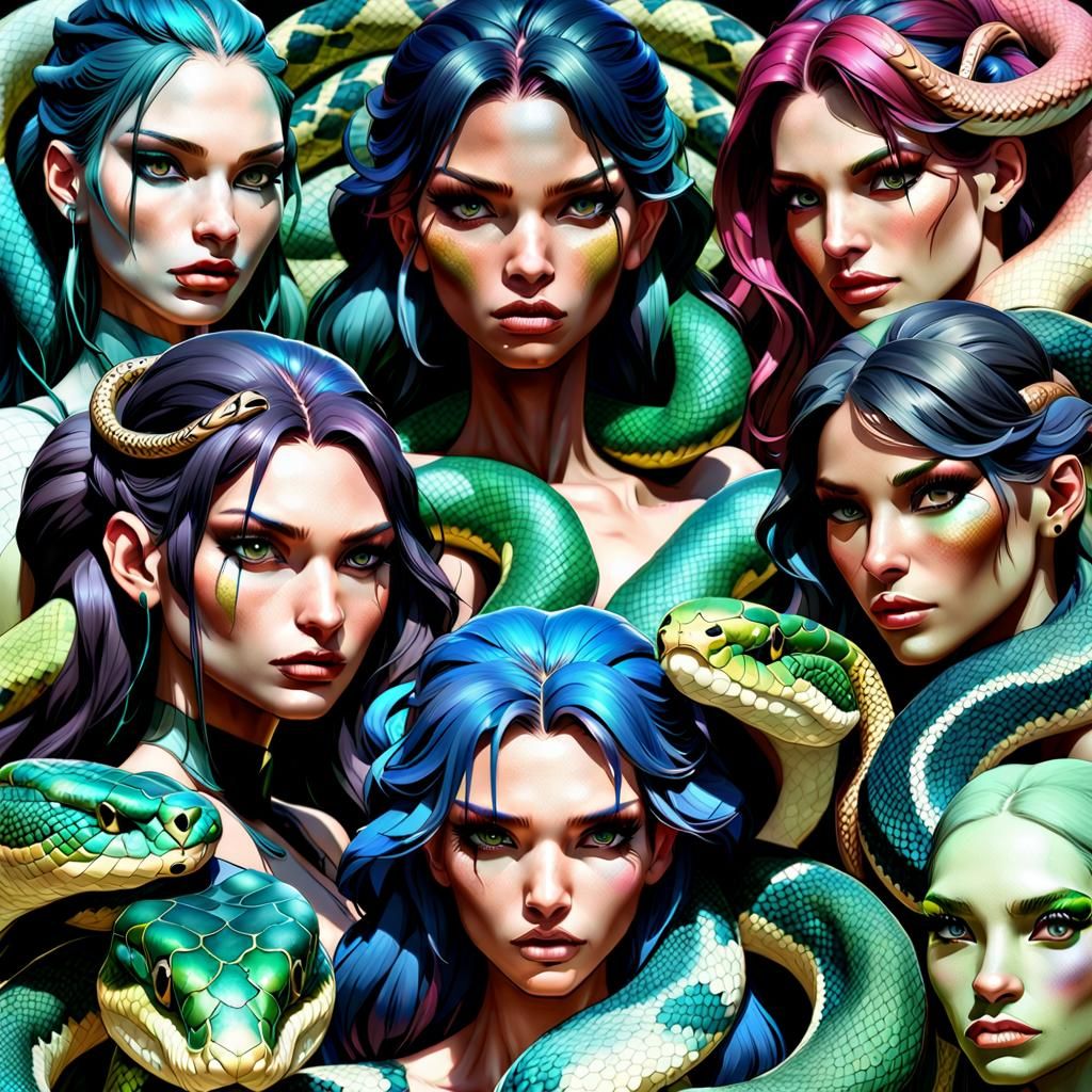 Detailed Snake-Human Hybrids in Art Nouveau Style