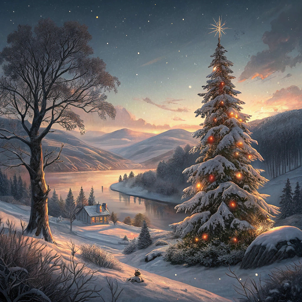 Winter Landscape with Christmas Tree in Dreamy Style