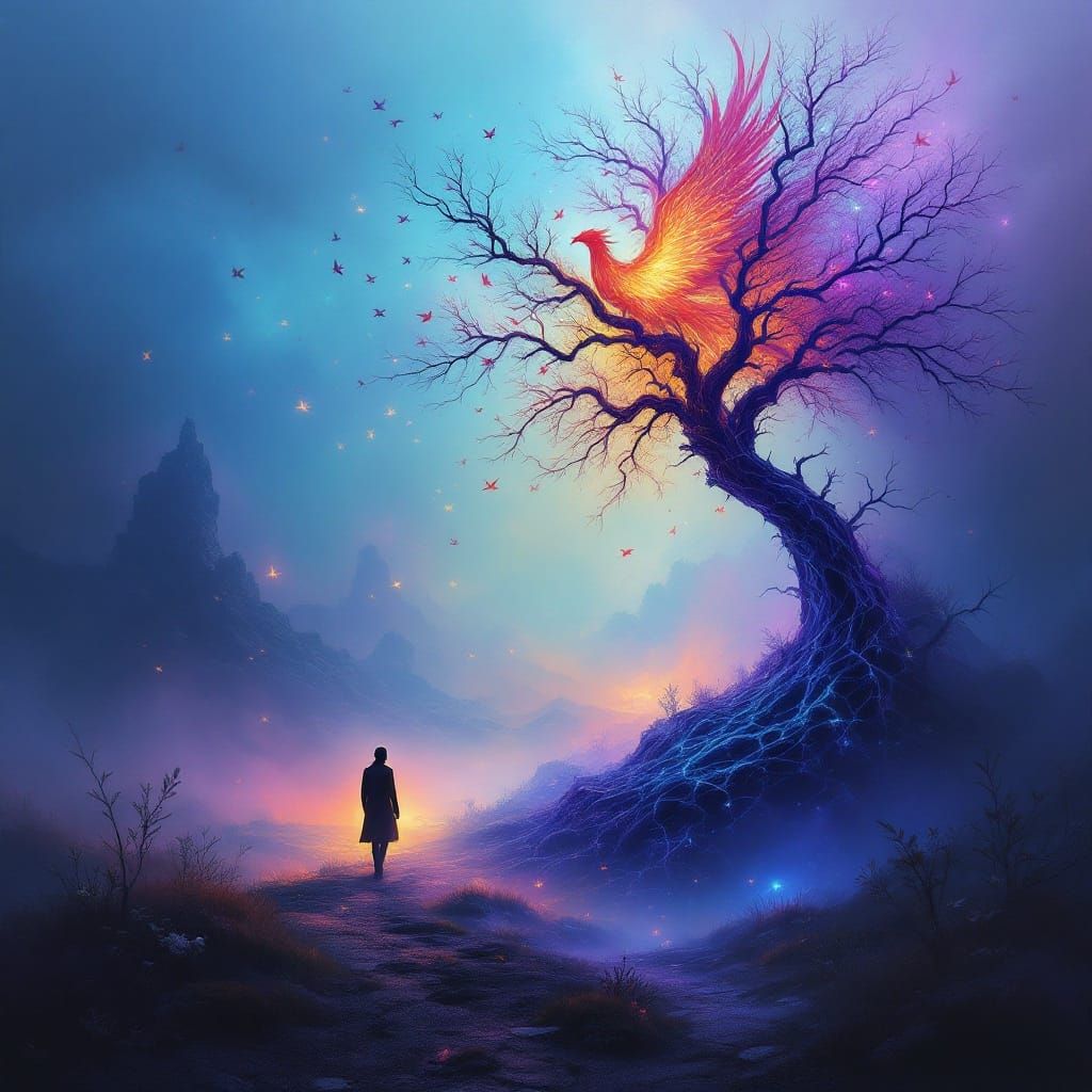 Ethereal Phoenix Ascends from Dreamlike Fog