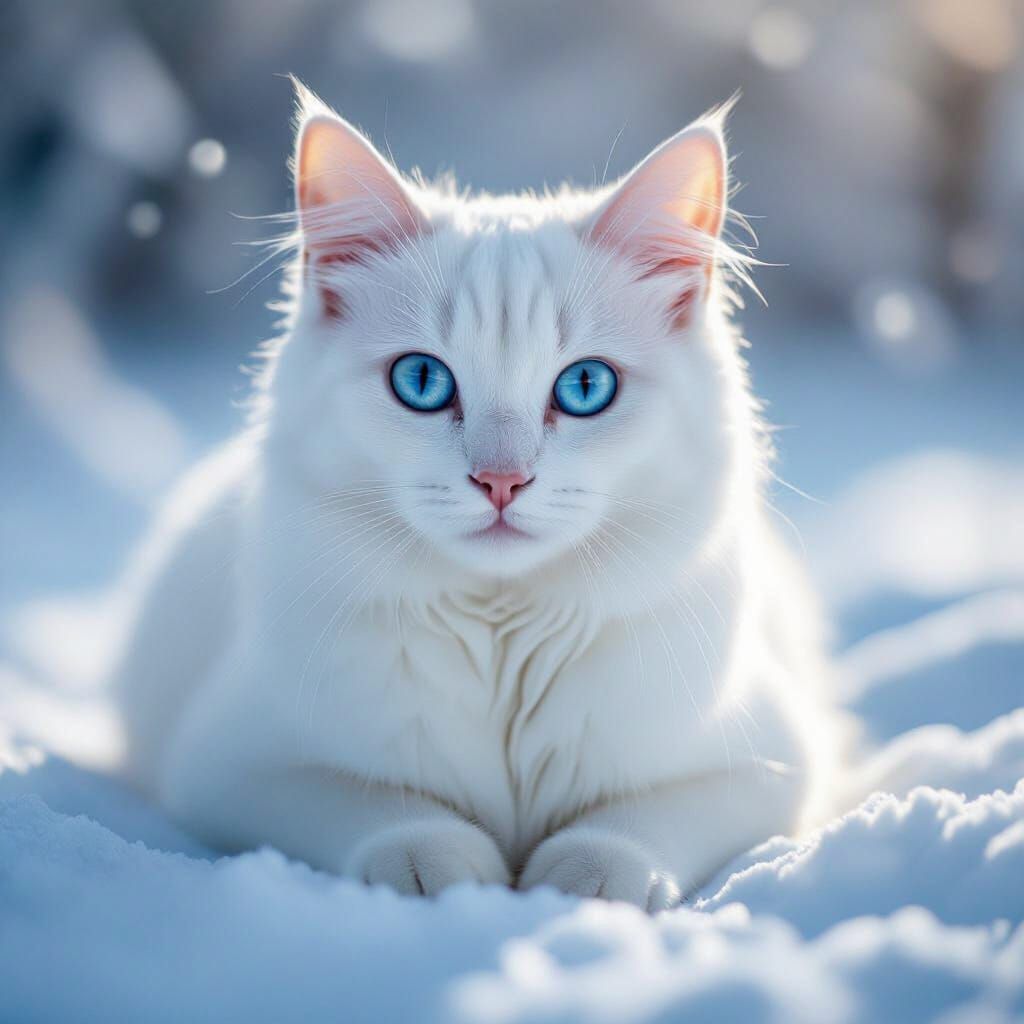 Photorealistic White Cat with Sapphire Eyes on Ice