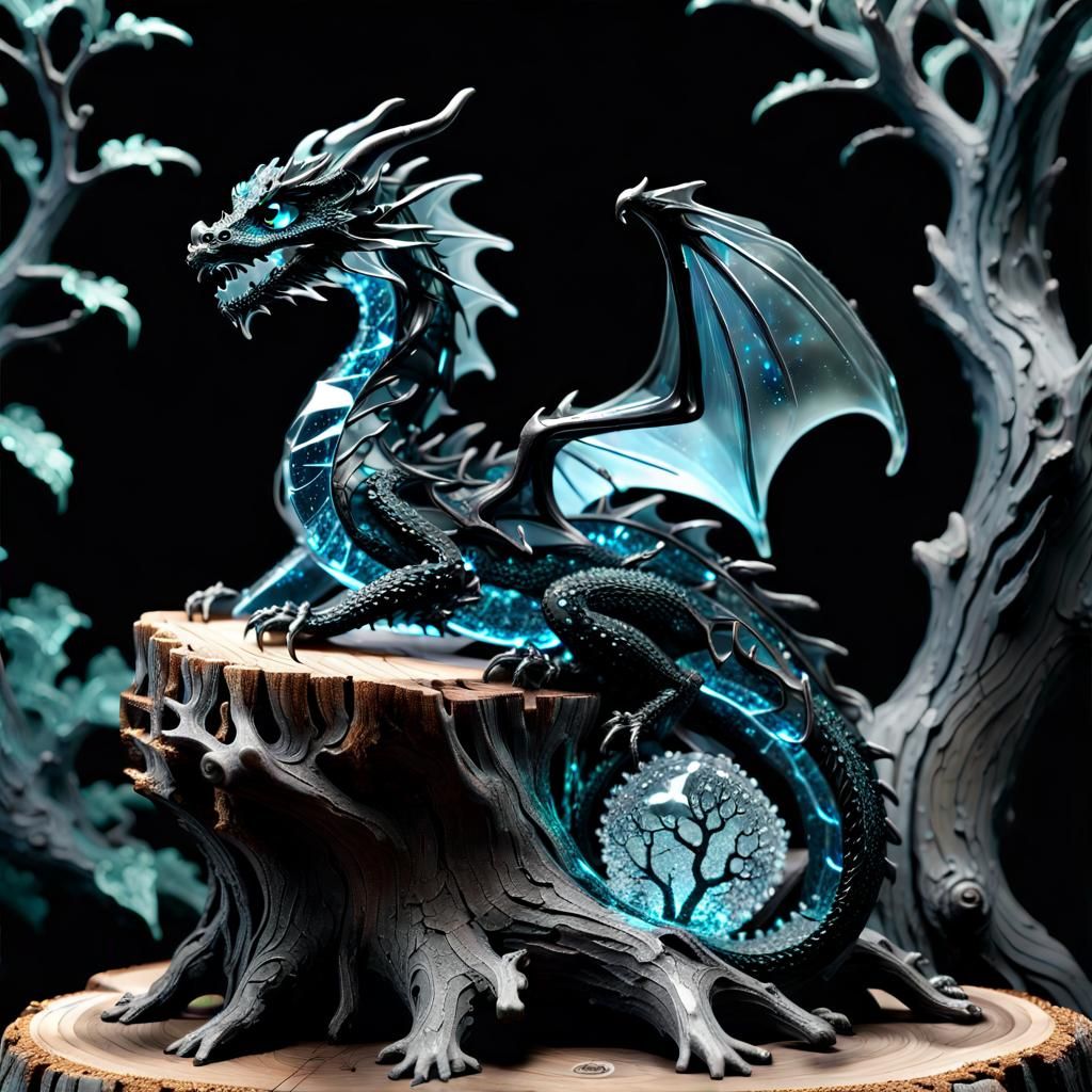 Bioluminescent Crystal Dragon Sculpture on Gnarled Tree