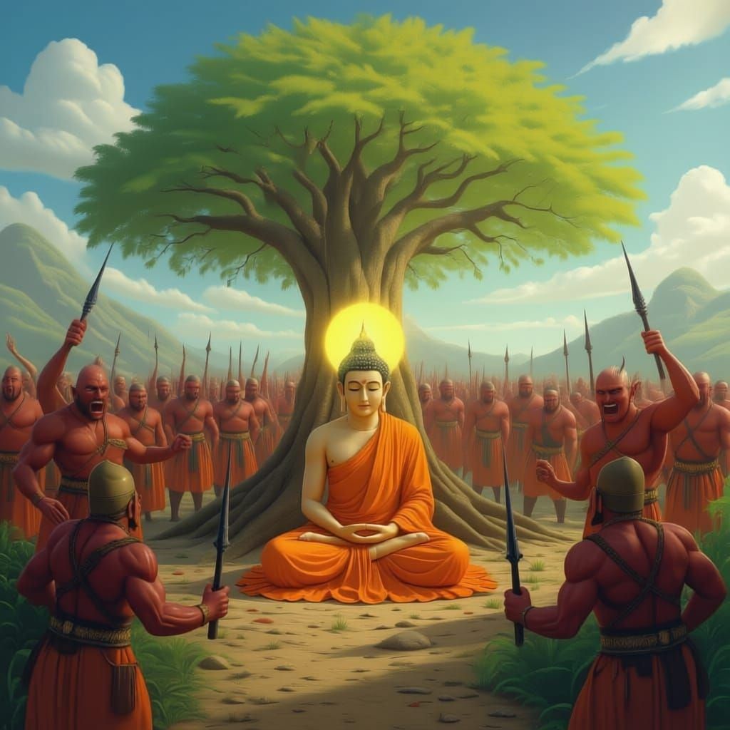 Buddha Meditating Under Banyan Tree, Surrounded by Evil Forc...