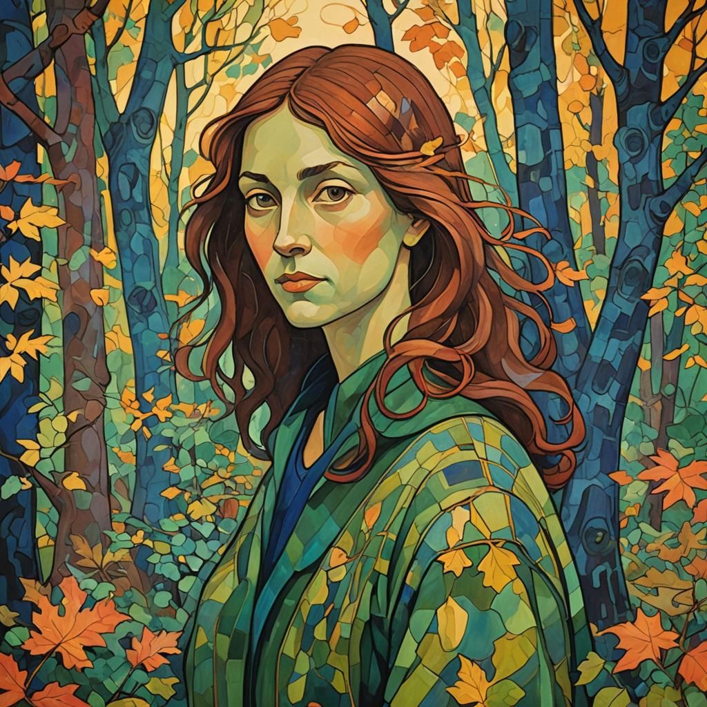 Woman in Woods: Abstract Art with Complementary Colors