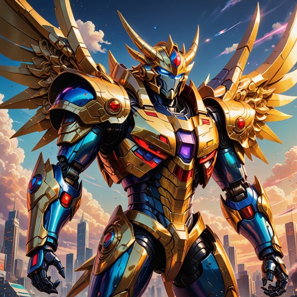 Heroic Golden Dragon Robot in Anime Style
