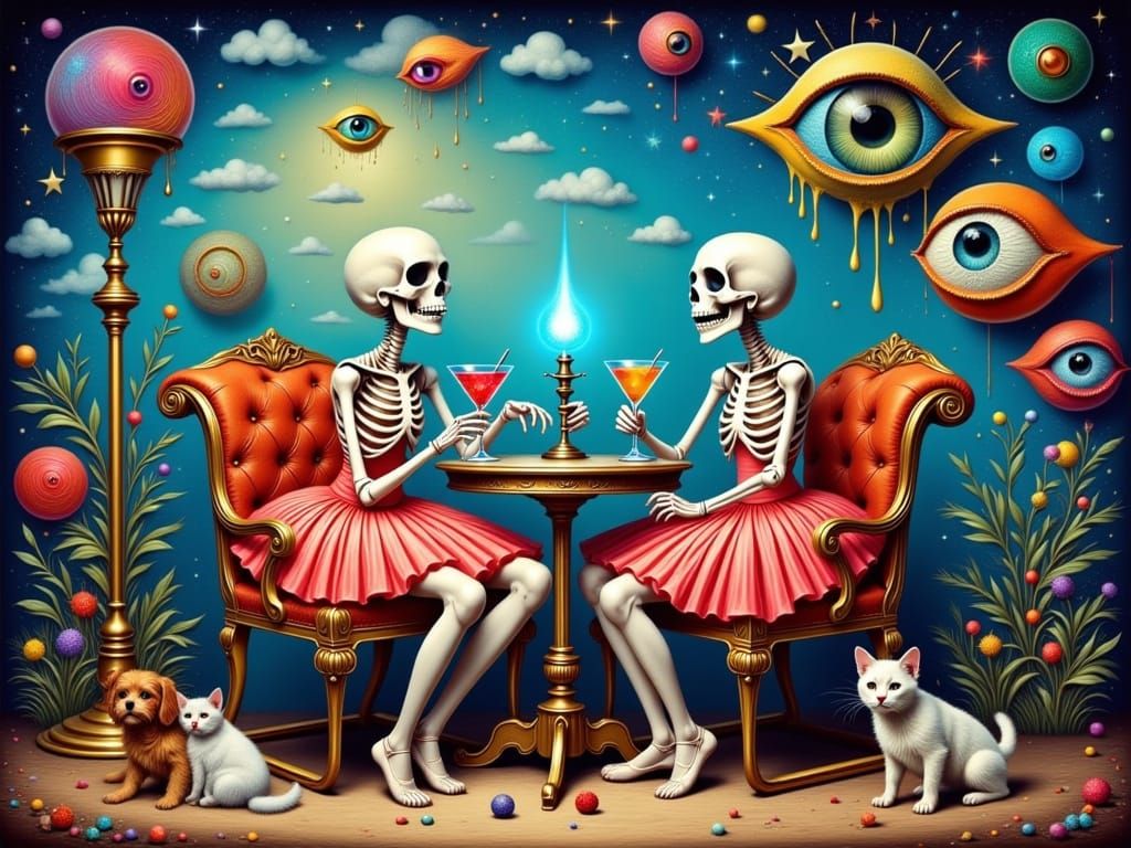 Whimsical Skeletons in Surreal Ballet Scene