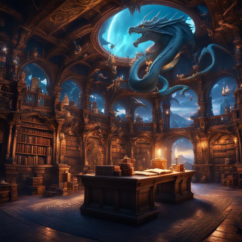 Magical Sky Library with Dragons: Fantasy Art