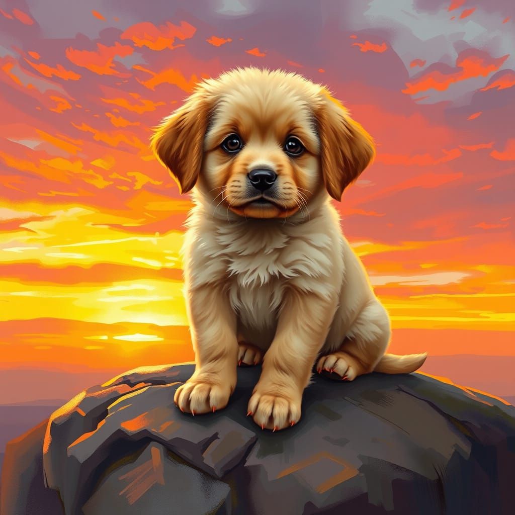 Adorable puppy gazing wistfully at a vibrant sunset