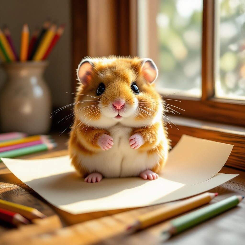 Plush Hamster on Ivory Cardstock in Golden Hour Light
