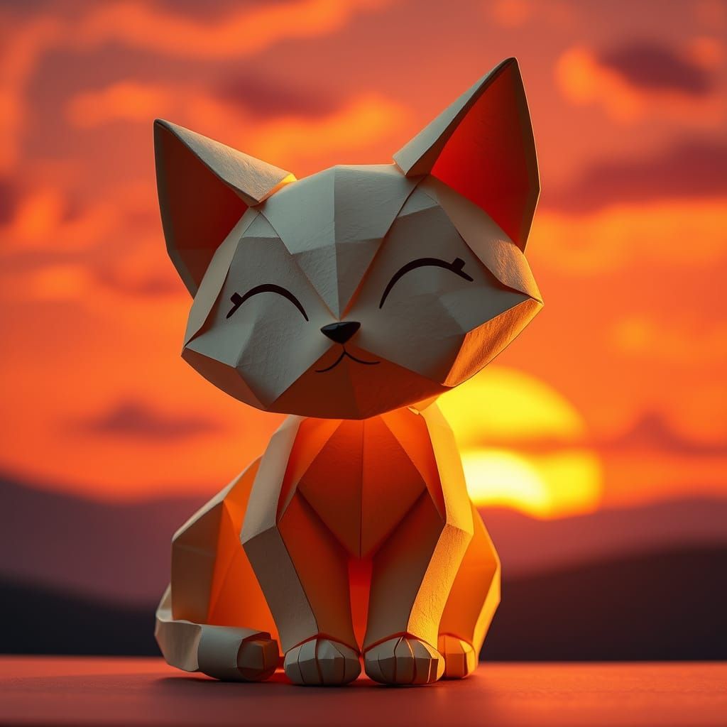 Whimsical Origami Cat in Sunset Japanese Landscape