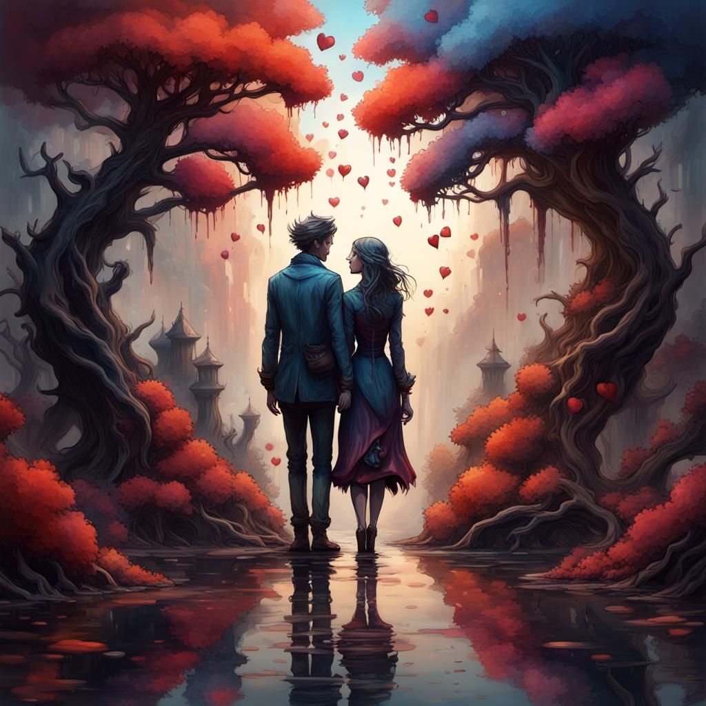 Loving Couple Holding Hands as Detailed Oil Painting