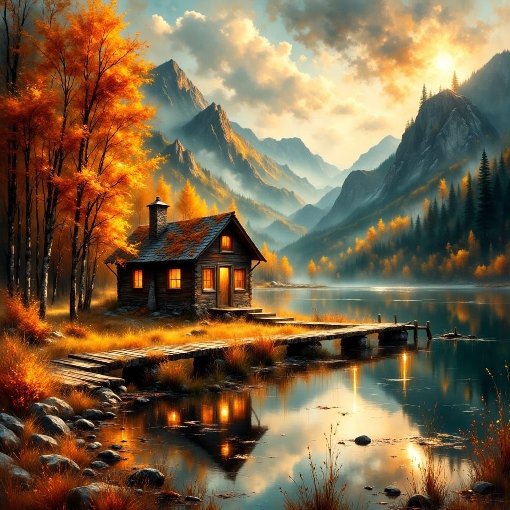 Hyperrealistic Cabin at Golden Hour in Autumn