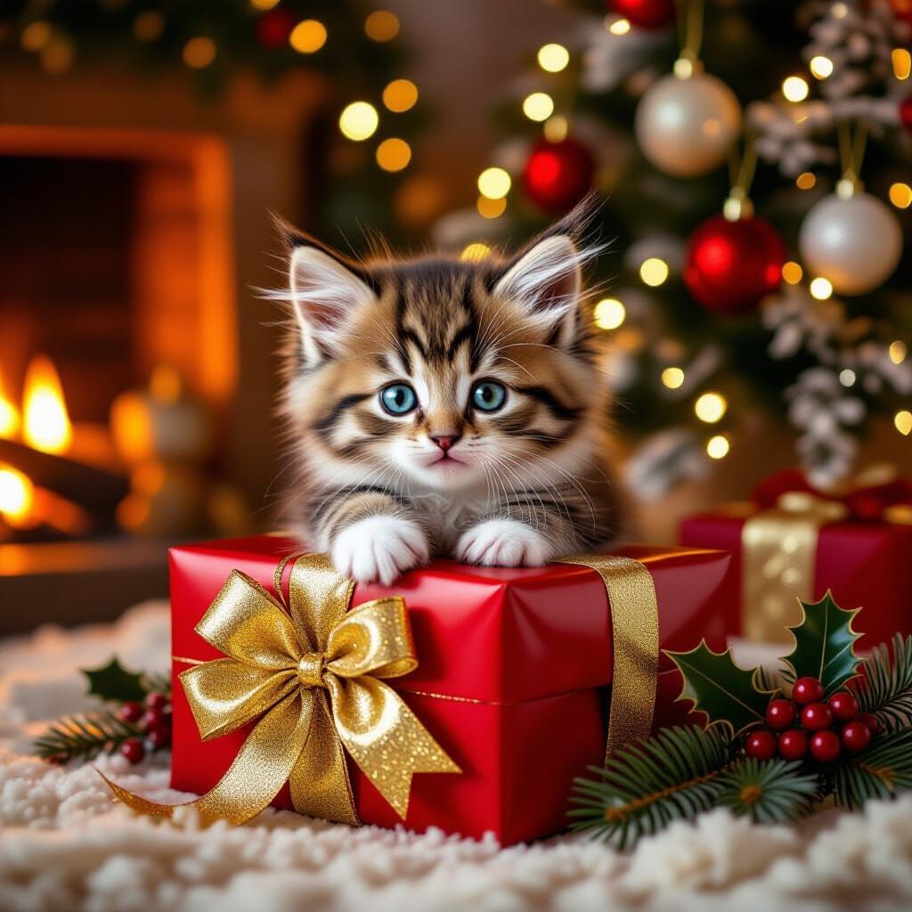 Fluffy Kitten Peeking From Christmas Present