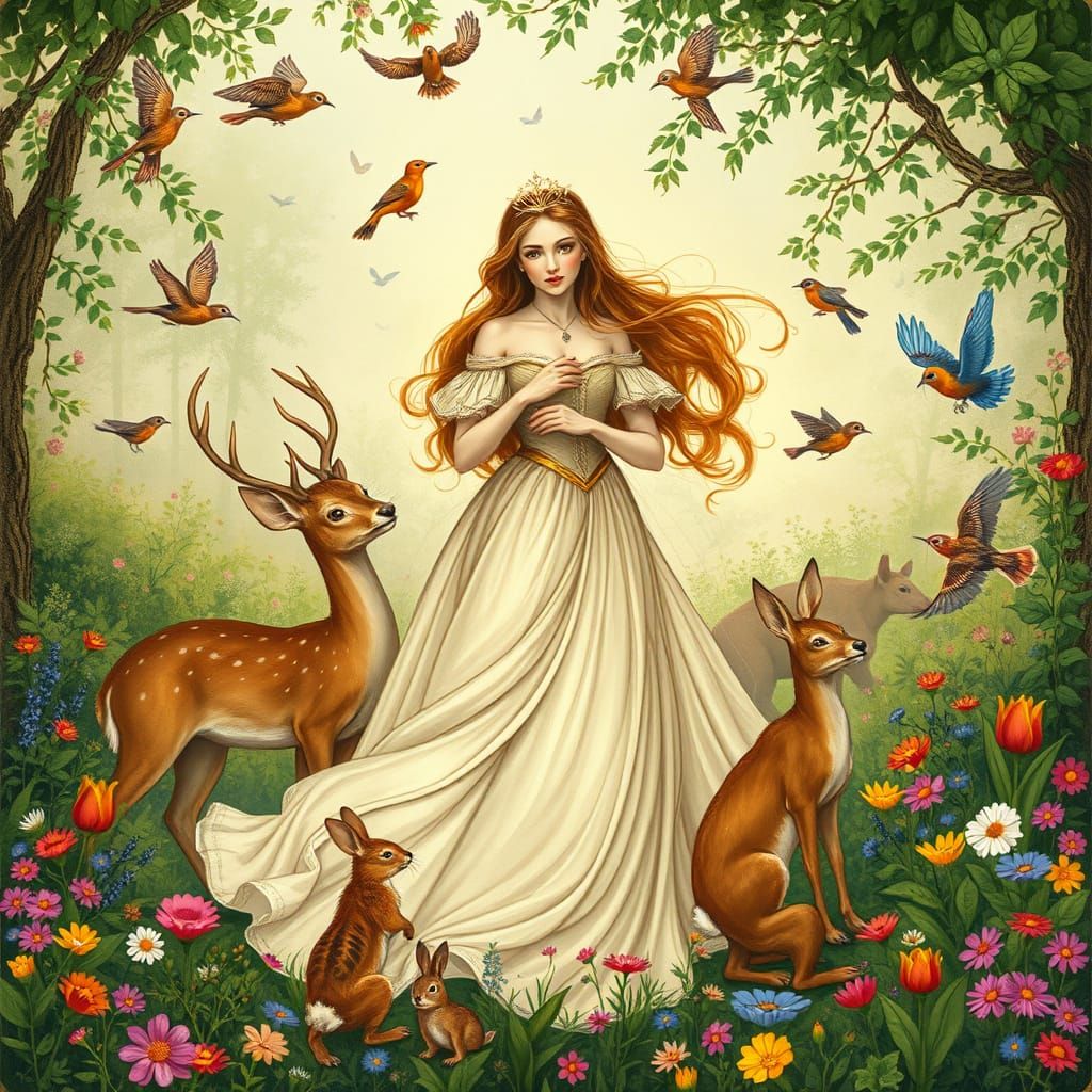 Whimsical Woodland Princess in Arthur Rackham Style