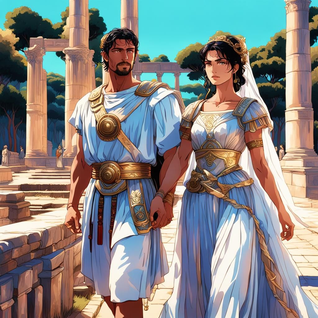 Anime Vaporwave Roman Couple in Lush Gardens