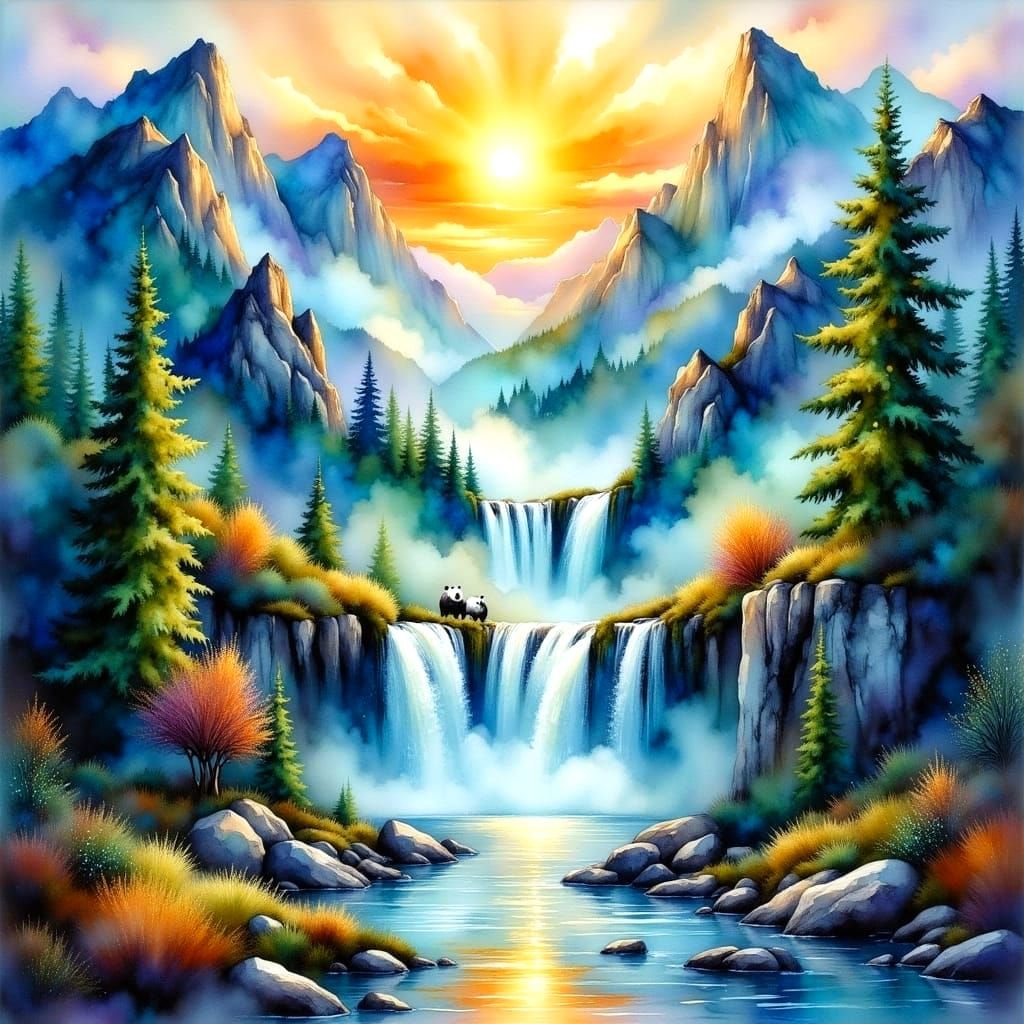 Spectacular Waterfalls in Ethereal Landscape with Polar Bear...