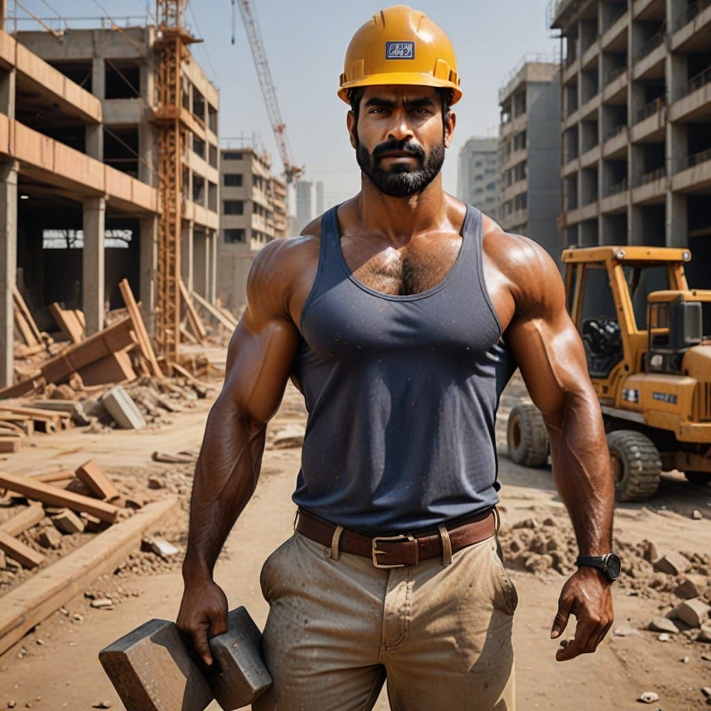 South Asian Construction Worker in Full Muscular Glory