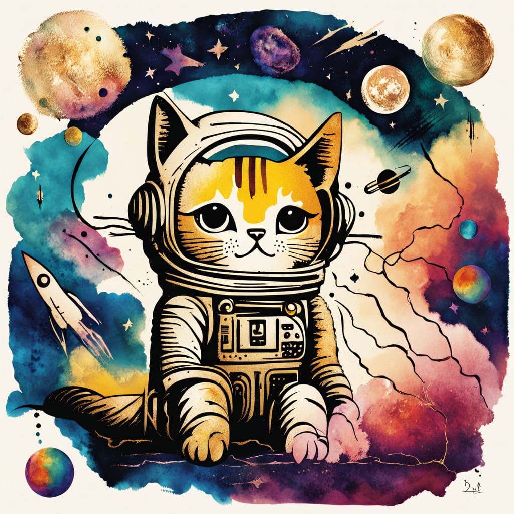 Astronaut Cat Piloting Rocket in Golden Age Illustration
