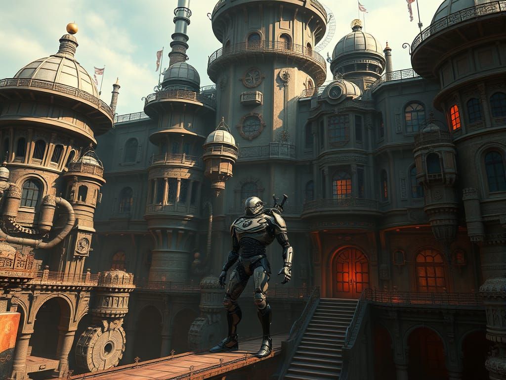 Steampunk Fortress with Droid Warrior in Matte Painting