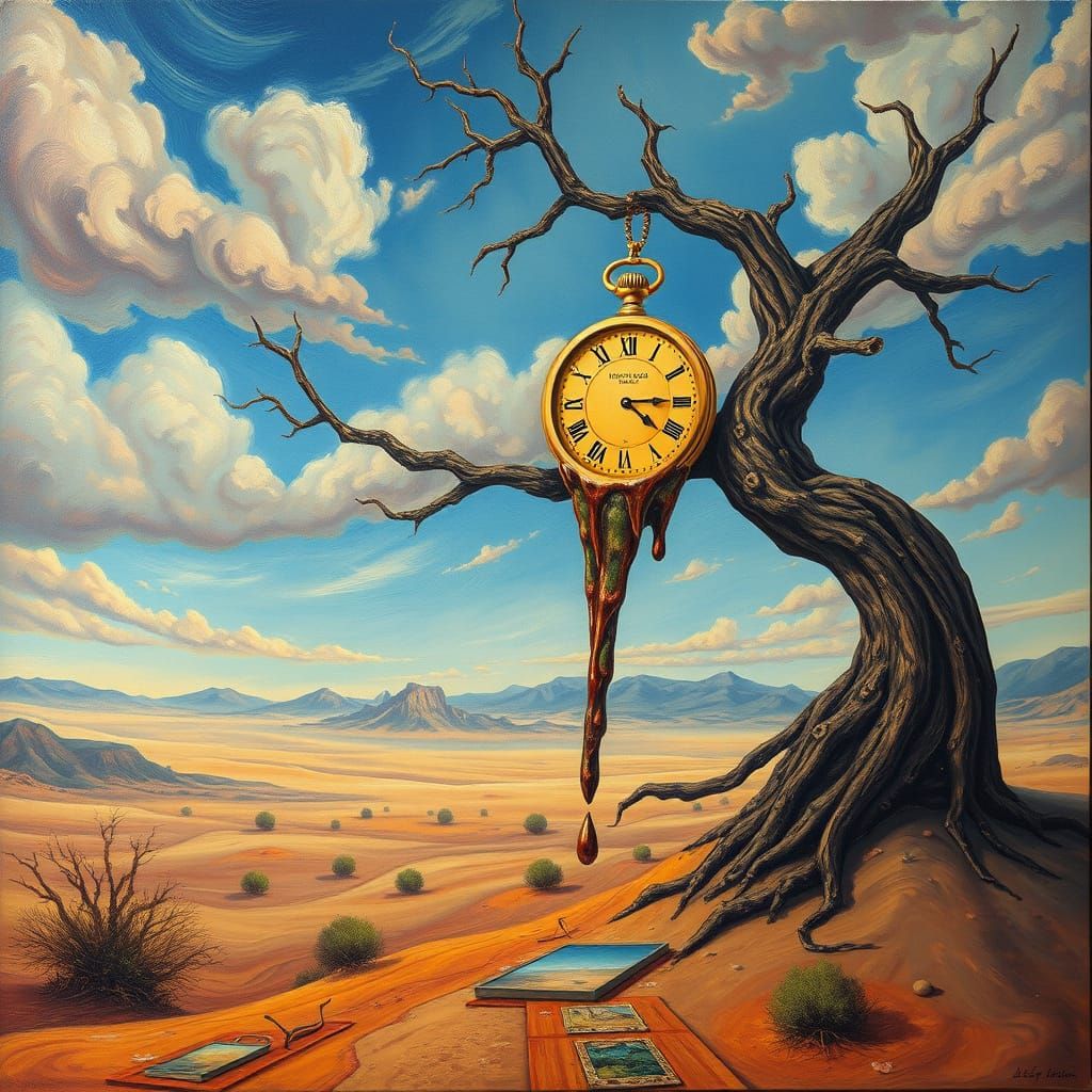 Surreal Desert Landscape with Melting Clock