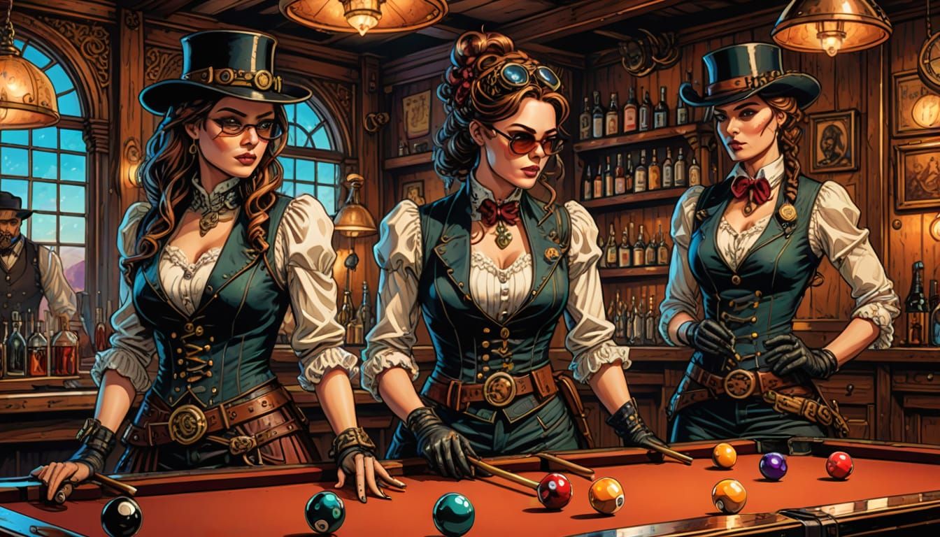 Steampunk Women Gunfighters Play Billiards, Detailed Illustr...