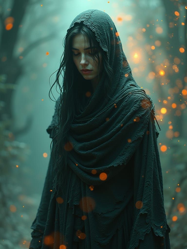 Melancholic Figure in Ethereal Dreamscape, Art Nouveau Style